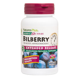 Frontal product image of Herbal Actives Bilberry Extended Release Tablets containing 30 Count